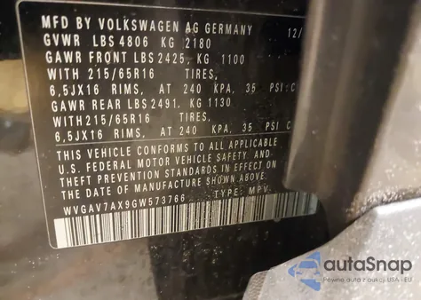 2016 Volkswagen Tiguan S z USA, uszkodzony, nr VIN WVGAV7AX9GW573766